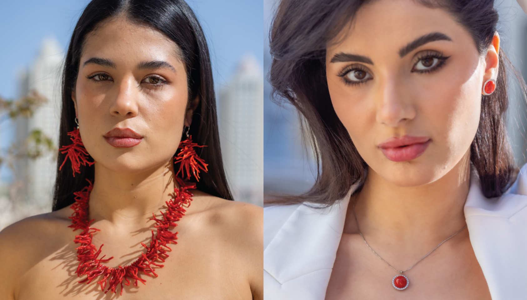 Models wearing De Filippis red coral jewelry